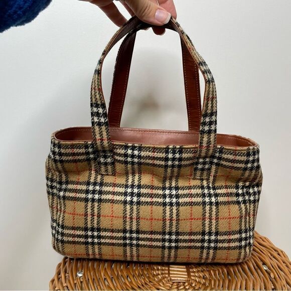 Burberry Wool Vintage Nova Check Signature Plaid Tote Shoulder Bag Purse Tan - Picture 11 of 14
